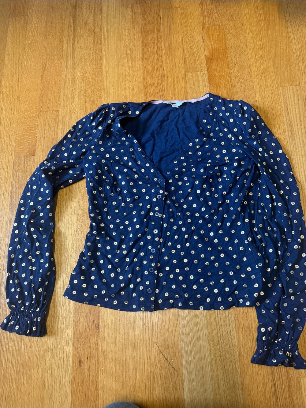 Navy Polka Dot Long-Sleeve V-Neck Top